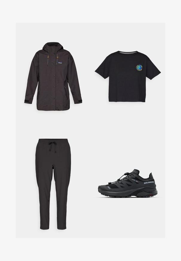 Chaqueta impermeable negra con capucha, botones a presión y cordón. Presenta bolsillos laterales y una tela texturizada con un acento de logo.; Camiseta de algodón negra de manga corta con un logo multicolor circular en el pecho. Dobladillo recto y corte relajado.; Pantalones de chándal negros con cintura elástica, detalle de cordón ajustable y bolsillos laterales. Hechos de una tela suave y ligera.; Zapatilla deportiva negra hecha de malla transpirable y goma. Presenta un diseño elegante, un sistema de cordones rápido y una suela texturizada para mayor agarre.