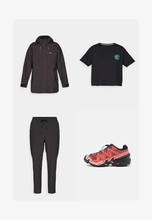 Black waterproof jacket with a hood, snap buttons, and drawstring. Features side pockets and textured fabric with a logo accent.; Black cotton short-sleeve T-shirt featuring a circular multicolored logo on the chest. Straight hem and relaxed fit.; Black jogger pants with an elastic waistband, drawstring detail, and side pockets. Made from a smooth, lightweight fabric.; Trail running shoe in pink and black. Mesh upper with reinforced overlays, textured sole, quick-lace system, and branding on the heel.