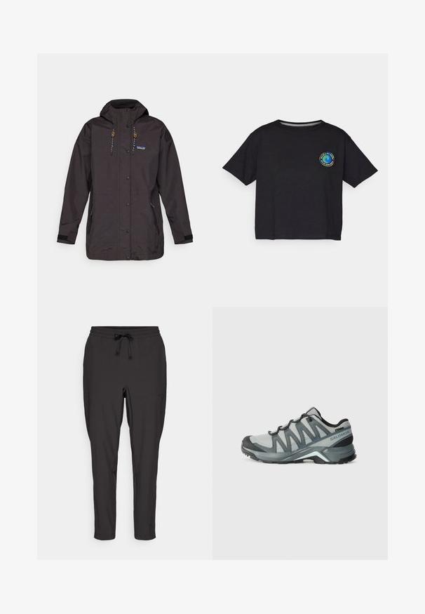Czarna wodoodporna kurtka z kapturem, zatrzaskami i sznurkiem. Posiada boczne kieszenie oraz teksturowany materiał z akcentem w postaci logo.; Czarna bawełniana koszulka z krótkim rękawem z okrągłym, wielokolorowym logo na piersi. Prosty dół i luźny krój.; Czarne dresowe spodnie z elastycznym paskiem, detalami w postaci sznurka oraz bocznymi kieszeniami. Wykonane z gładkiego, lekkiego materiału.; Lekki obuwie turystyczne w szarym siateczkowym wzorze z ciemnymi akcentami. Posiadają teksturowaną podeszwę oraz wyściełany piętę dla komfortu i przyczepności.