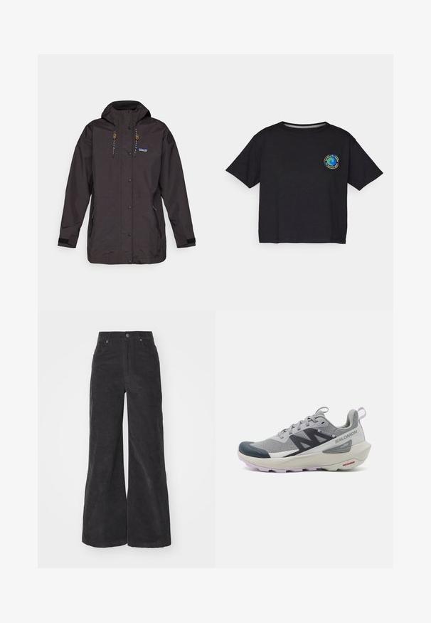 Schwarze wasserfeste Jacke mit Kapuze, Druckknöpfen und Kordelzug. Verfügt über Seitentaschen und strukturierte Stoffe mit einem Logo-Highlight.; Schwarzes Baumwoll-T-Shirt mit kurzen Ärmeln, das auf der Brust ein rundes, mehrfarbiges Logo zeigt. Gerader Saum und lockere Passform.; Schwarze Corduroy-Weitbein-Hose mit hoher Taille, Fronttaschen und Knopfverschluss. Der Stoff hat eine weiche, strukturierte Oberfläche.; Der Salomon-Laufschuh in Grau und Marineblau verfügt über eine atmungsaktive Mesh-Oberfläche, eine Gummizone an der Zehe und eine strukturierte Sohle mit Lavendelakzenten.