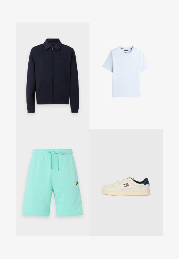 Tumes sinine tõmblukkude jakk, millel on kraega kaelus, elastsed mansetid ja küljetaskud. Vasakul rinnaosal on väike logo rõhutus.; Heled sinine lühikeste varrukatega T-särk, mis on valmistatud puuvillast. Omab ümarat kaelust ja väikest tikandiga logo rinnal. Sujuv tekstuur.; Heledad mündroheline puuvillane lühike püksid elastse vöökoha ja reguleeritava tõmblukuga, esiküljel on väike must ja kollane logo.; Kreemvalged nahast tennisekotid, millel on tumesinine kand ja keel, ning küljes punase, valge ja sinise logoga plaastrid.