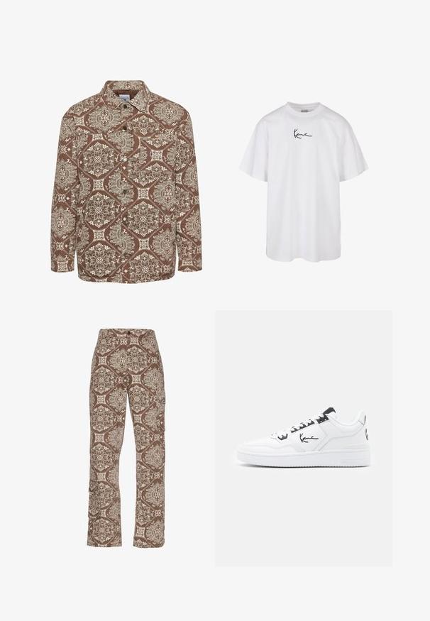 Barna mintás ing, bonyolult fehér mintákkal, gombos elejével és gallérral. Texturált anyagból készült, hosszú ujjal.; Fehér pamut póló kerek nyakkivágással és rövid ujjakkal, a mellkasán középen elhelyezett fekete hímzett logóval.; Barna mintás cargo nadrág, bonyolult krém és világosbarna mintákkal, oldalsó zsebekkel és laza szabással.; Fehér bőr sportcipő fekete akcentusokkal, oldalon található jellegzetes logóval, kerek orral és textúrált gumitalppal.
