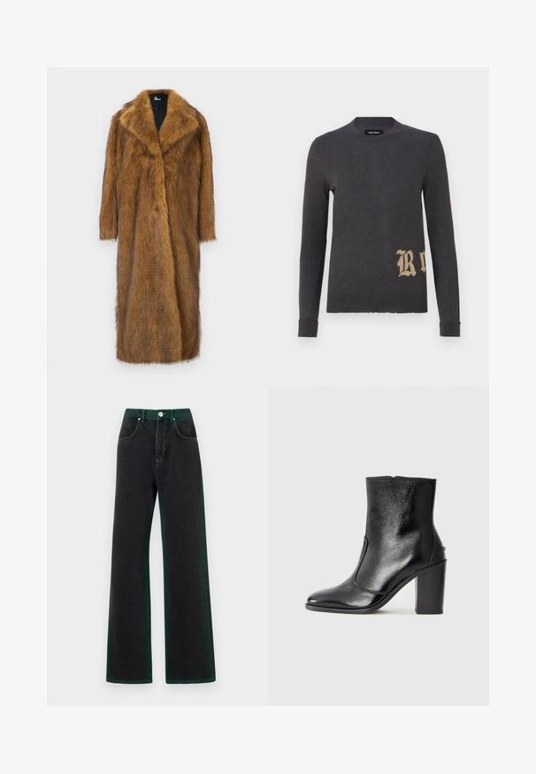Abrigo de piel sintética marrón con un amplio cuello, mangas largas y un diseño recto hasta la rodilla. Presenta una superficie suave y texturizada.; Suéter gris de manga larga en un material de punto suave que presenta una gran letra "R" beige en la parte inferior izquierda. Cuello redondo y puños ajustados.; Vaqueros de pierna ancha negros con acentos verdes, hechos de denim, con una cintura alta, bolsillos frontales y un cierre de botón de metal.; Botín negro de cuero con textura suave, puntera puntiaguda y un tacón alto y robusto. Presenta una apertura lateral y un diseño minimalista.