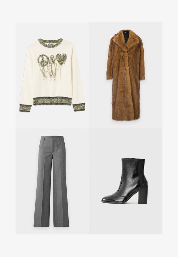 Brūna mākslīgās kažokādas mēteļa ar plašu apkakli, garām piedurknēm un taisnu, ceļgala garuma dizainu. Iezīmējas ar mīkstu, teksturētu virsmu.; Krems svītra ar uzrakstu "mieru" un sirds dizainu tekstūrētā zaļā dzijā. Iezīmējas ar ribotu apkakli un aprocēm, kas papildinātas ar kontrastējošām tumšām акcentu.; Pelēki platās kājas bikses no strukturēta auduma. Aprīkotas ar priekšējām krokām, pieguļošu jostasvietu un spīdīgu apdari, ideālas formālām situācijām.; Melnas ādas potīšu zābaki ar gludu tekstūru, smailu purngalu un masīlu augstu papēdi. Iekļauts sānu atvērums un minimālistisks dizains.