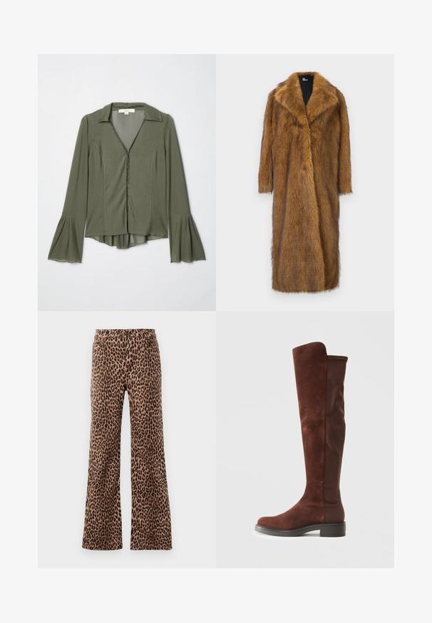 Hnedý kožušinový kabát z umelej kože so širokým golierom, dlhými rukávmi a rovný, po kolená siahajúci strih. Má mäkký, štruktúrovaný povrch.; Olivovo zelená blúzka s dlhým rukávom, so zipsovým uzáverom, s golierom a rozšírenými rukávmi. Mäkká tkanina s ležérnym strihom a jemným leskom.; Nohavice s leopardím vzorom vo farbe béžovej a čiernej, s hladkou textúrou a zúženým lemom. Dizajn so štandardným pásom a vreckami.; Vysoká hnedá semišová a textilná topánka s nízkym čiernym podpätkom a zaoblenou špičkou, zobrazená z boku na jednobednom bielom pozadí.