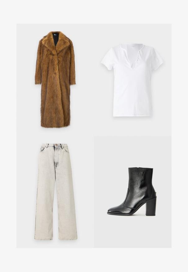 Brown faux fur coat with a wide collar, long sleeves, and a straight, knee-length design. Features a soft, textured surface.; White cotton t-shirt with short sleeves, a relaxed fit, and a V-neckline featuring a placket with five decorative buttons.; Wide-leg jeans in a light beige color with faded, distressed accents. Features five pockets and a metal button closure at the waist.; Black leather ankle boot with a smooth texture, pointed toe, and a chunky high heel. Features a side opening and minimalistic design.