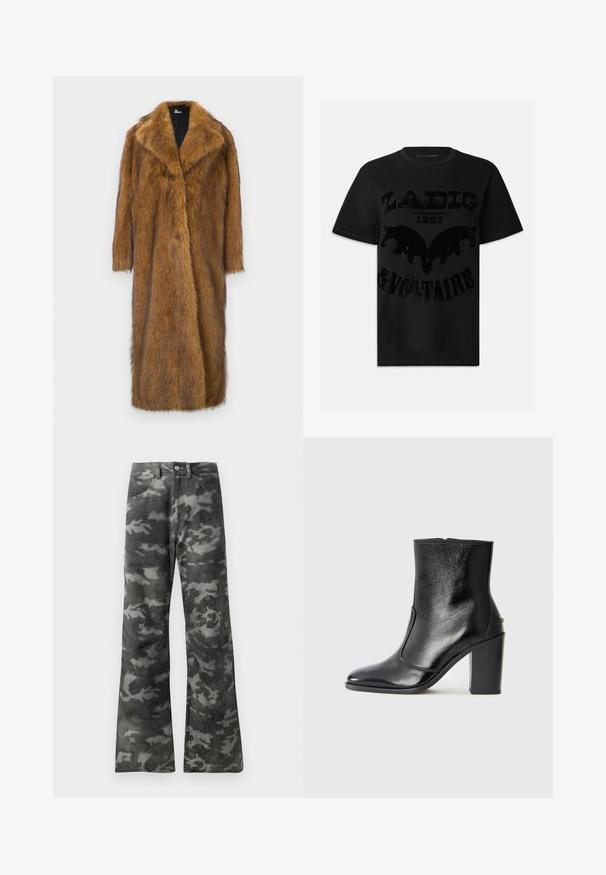 Brown faux fur coat with a wide collar, long sleeves, and a straight, knee-length design. Features a soft, textured surface.; Black cotton t-shirt featuring a glossy black graphic print with the text "ZADIG 1997 & VOLTAIRE" and a bat-like design. Short sleeves.; Dark gray and black camouflage patterned straight-leg jeans with button and zip closure and front pockets.; Black leather ankle boot with a smooth texture, pointed toe, and a chunky high heel. Features a side opening and minimalistic design.