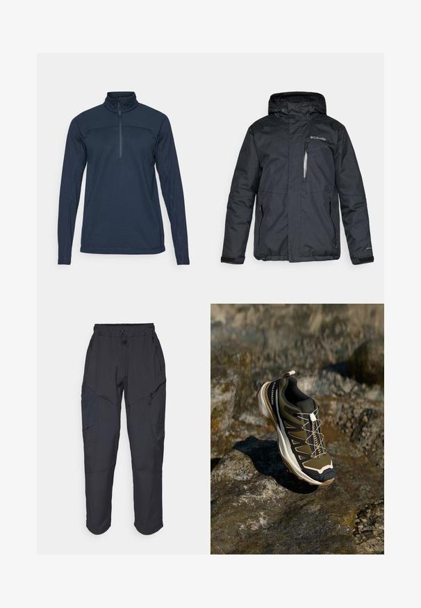 Svart, vattentät jacka med zippered front, huva och sidofickor. Har Columbia-logotypen på bröstet och kardborrefästen vid ärmsluten.; Mörkblå långärmad tröja med hög krage och halv dragkedja framtill. Har en texturerad tyg och kontrasterande sömnadsdetaljer.; Svarta cargobyxor gjorda av ett lätt, vattenavvisande material; har elastisk midja, flera fickor med dragkedja och avsmalnande ben.; Vandringsskor i olivgrönt och svart med rosa detaljer. Har en texturerad ovandel, flexibel sula, förstärkt tåhätta och en färgglad snörningssystem.