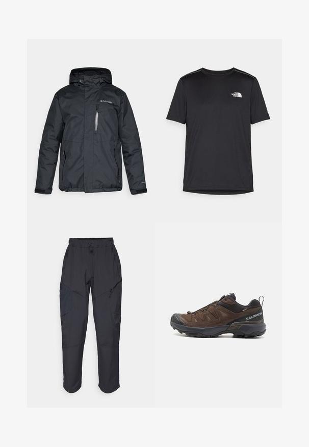 Črna, nepremočljiva jakna z zadrgo spredaj, kapuco in stranskimi žepi. Ima Columbia logo na prsih in Velcro manšete.; Črna kratkosleevena majica iz lahkotnega materiala. Ima majhen bel logo na levem prsnem delu in diskretne poudarke na ramenskem predelu.; Črne cargo hlače iz lahkega, vodoodpornega materiala; imajo elastični pas, več žepov z zadrgo in ožja hlačnica.; Brašno pohodniško čevlji z mrežasto in zamaknjeno zgornjo površino, črnimi poudarki, teksturiranim podplatom in elastičnim sistemom vezanja za varen oprijem. Na strani je logotip.