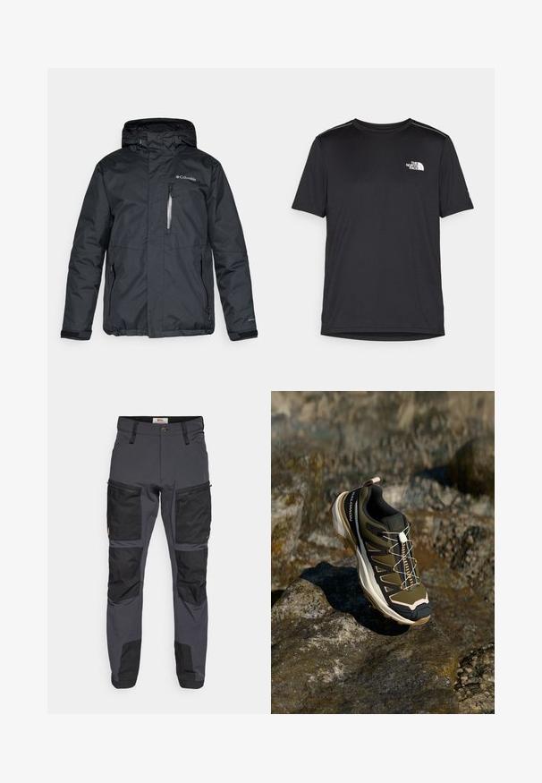 Black, waterproof jacket with a zippered front, hood, and side pockets. Features Columbia logo on the chest and Velcro cuffs.; Black short-sleeve T-shirt made from lightweight fabric. Features a small white logo on the left chest and subtle shoulder accents.; Gray outdoor pants with black accents, made from durable material. Features multiple pockets and reinforced knee areas for added strength.; Hiking shoe in olive green and black with pink accents. Features a textured upper, flexible sole, reinforced toe cap, and colorful lacing system.