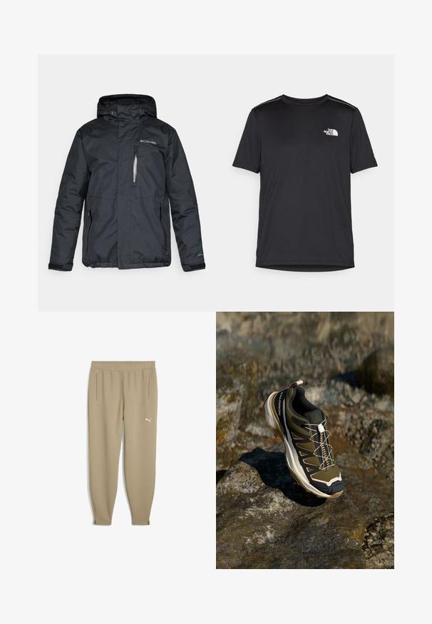 Black, waterproof jacket with a zippered front, hood, and side pockets. Features Columbia logo on the chest and Velcro cuffs.; Black short-sleeve T-shirt made from lightweight fabric. Features a small white logo on the left chest and subtle shoulder accents.; Puma STUDIO TEXTURE - Tracksuit bottoms - oak branch; Hiking shoe in olive green and black with pink accents. Features a textured upper, flexible sole, reinforced toe cap, and colorful lacing system.