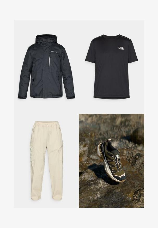 Black, waterproof jacket with a zippered front, hood, and side pockets. Features Columbia logo on the chest and Velcro cuffs.; Black short-sleeve T-shirt made from lightweight fabric. Features a small white logo on the left chest and subtle shoulder accents.; Beige lightweight cargo pants with an elastic waistband, zippered side pockets, and a tapered leg design for a relaxed fit.; Hiking shoe in olive green and black with pink accents. Features a textured upper, flexible sole, reinforced toe cap, and colorful lacing system.