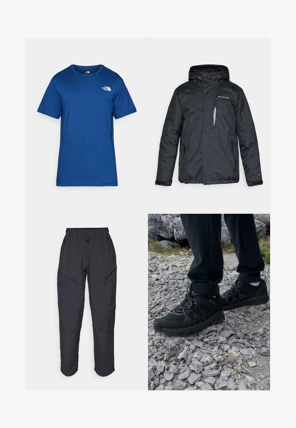 Černá nepromokavá bunda se zipem vpředu, kapucí a bočními kapsami. Vybavena logem Columbia na hrudi a suchými zipy u zápěstí.; Modré tričko s krátkým rukávem vyrobené z měkké tkaniny, s kulatým výstřihem a malým bílým logem na hrudi. Jednoduchý design bez vzorů.; Černé cargo kalhoty vyrobené z lehkého, voděodolného materiálu; mají elastický pas, několik kapes na zip a zúžené nohavice.; Černé venkovní boty z prodyšného a syntetického materiálu, s texturovaným svrškem, bezpečným šněrovacím systémem a robustní podrážkou, na skalnatém terénu.