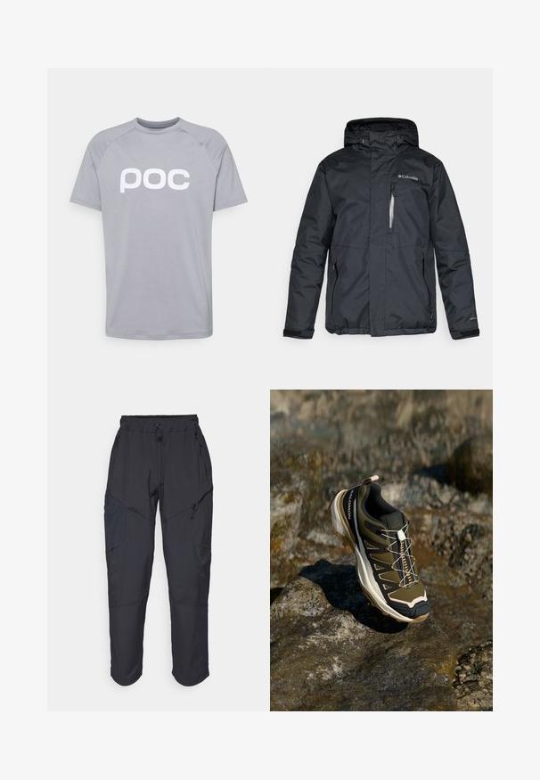 Černá nepromokavá bunda se zipem vpředu, kapucí a bočními kapsami. Vybavena logem Columbia na hrudi a suchými zipy u zápěstí.; Šedé tričko s krátkými rukávy vyrobené z hladkého materiálu s kulatým výstřihem a raglánovými rukávy. Na přední straně se nachází velké bílé logo "poc".; Černé cargo kalhoty vyrobené z lehkého, voděodolného materiálu; mají elastický pas, několik kapes na zip a zúžené nohavice.; Trekové boty v olivově zelené a černé barvě s růžovými detaily. Mají texturovaný svršek, flexibilní podrážku, vyztuženou špičku a barevný systém šněrování.