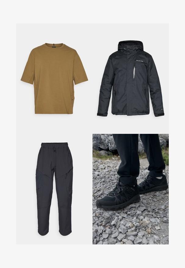 Mustat, vettä hylkivä takki, jossa on vetoketjullinen etuosa, huppu ja sivutaskut. Rinnassa on Columbia-logo ja tarranauhahihnat.; Lyhythihainen, ruskea t-paita pehmeästä kankaasta, jossa on pyöreä kaula-aukko ja sivuaukot lisäämään mukavuutta. Yksinkertainen, koristelematon muotoilu.; Mustat cargo-housut, jotka on valmistettu kevyestä, vettä hylkivästä materiaalista; niissä on joustava vyötärö, useita vetoketjullisia taskuja ja kapenevat lahkeet.; Mustat ulkokengät, joissa on verkko- ja synteettinen materiaali, teksturoitu päällinen, varma nauhoitusjärjestelmä ja kestävä pohja kivikkoisella maastolla.