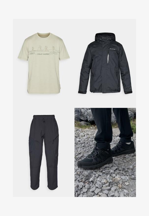 Zwarte, waterdichte jas met een ritssluiting aan de voorkant, capuchon en zijzakken. Heeft het Columbia-logo op de borst en klittenbandsluitingen bij de mouwen.; Lichtbeige katoenen t-shirt met een eenvoudige groene lijntekening van wandelaars en de tekst "HELLO HANSEN" eronder gedrukt. Korte mouwen en ronde hals.; Zwarte cargo pants gemaakt van een lichtgewicht, waterafstotend materiaal; voorzien van een elastische tailleband, meerdere met rits gesloten zakken en taps toelopende pijpen.; Zwarte buitenschoenen van mesh en synthetisch materiaal, met een gestructureerd bovenwerk, een beveiligd vetersysteem en een robuuste zool, op een ruig terrein.