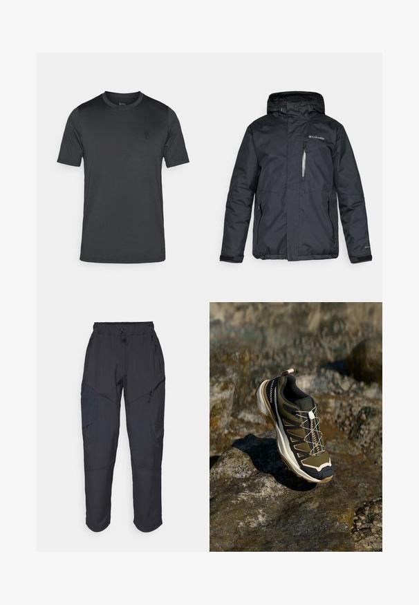 Black, waterproof jacket with a zippered front, hood, and side pockets. Features Columbia logo on the chest and Velcro cuffs.; Men's short-sleeve t-shirt in dark gray, made of smooth fabric. Features a round neckline and a small logo on the chest.; Black cargo pants made from a lightweight, water-resistant material; features elastic waistband, multiple zippered pockets, and tapered legs.; Hiking shoe in olive green and black with pink accents. Features a textured upper, flexible sole, reinforced toe cap, and colorful lacing system.