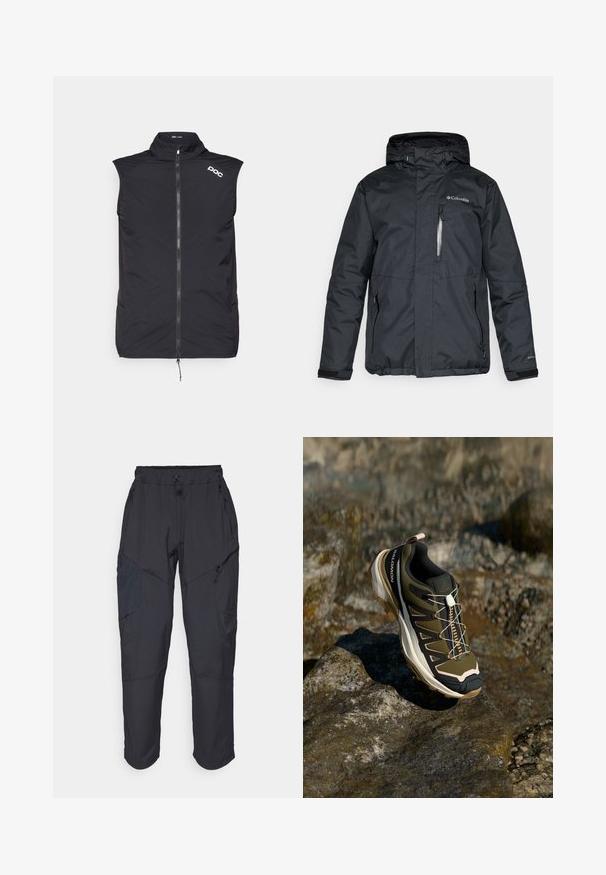 Veste noire imperméable avec une fermeture éclair à l'avant, une capuche et des poches latérales. Présente le logo Columbia sur la poitrine et des poignets en Velcro.; POC PRO THERMAL VEST - Maillot de cycliste - uranium black; Pantalons cargo noirs en matériau léger et résistant à l'eau ; dotés d'une taille élastique, de plusieurs poches zippées et de jambes fuselées.; Chaussure de randonnée en vert olive et noir avec des accents roses. Elle présente un dessus texturé, une semelle flexible, une coque avant renforcée et un système de laçage coloré.