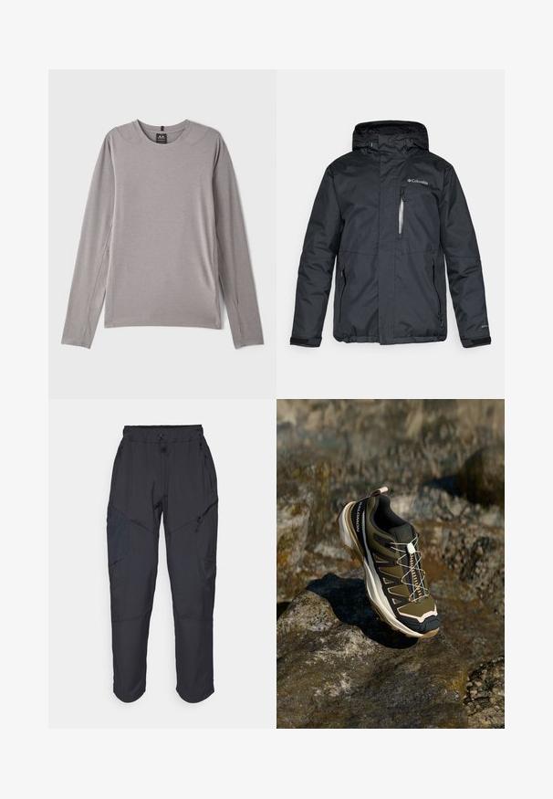 Svart, vanntett jakke med glidelåsfeste foran, hette og sidelommer. Har Columbia-logo på brystet og borrelåsfester ved håndleddene.; Grå langermet skjorte med rund hals, sideslitser og glatt, elastisk stoff. Minimalistisk design uten mønstre eller pynt.; Sorte cargo bukser laget av et lett, vannavvisende materiale; har elastisk midje, flere glidelåslommer og smale ben.; Fjellsko i olivengrønn og svart med rosa detaljer. Har en teksturert overdel, fleksibel såle, forsterket tåhette og fargerik snøringssystem.