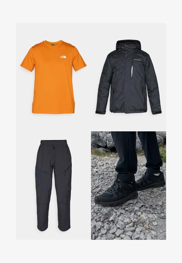 Sort, vandtæt jakke med lynlås foran, hætte og sidelommer. Har Columbia-logo på brystet og Velcro-manchetter.; Orange kortærmet t-shirt lavet af bomuld, med et lille hvidt logo på venstre bryst. Rund halsudskæring og lige kant.; Sorte cargo bukser lavet af et let, vandafvisende materiale; har elastisk talje, flere lynlåslommer og tætsiddende ben.; Sorte udendørssko med mesh og syntetisk materiale, med en tekstureret overdel, sikre snørebånd og en robust ydersål, på klippelandskab.