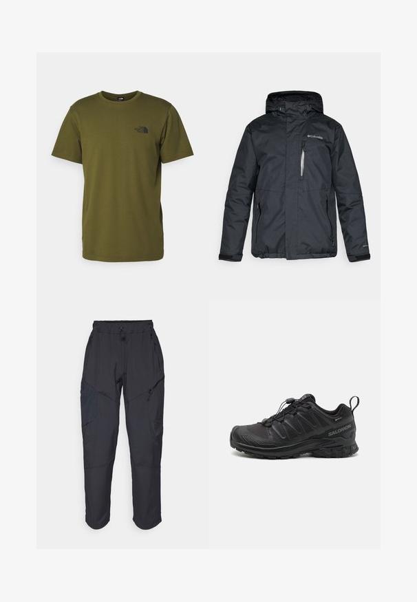 Svart, vattentät jacka med zippered front, huva och sidofickor. Har Columbia-logotypen på bröstet och kardborrefästen vid ärmsluten.; Olivgrön bomull T-shirt med rund hals, korta ärmar och en liten svart logotyp tryckt på bröstet. Slät textur, klassisk passform.; Svarta cargobyxor gjorda av ett lätt, vattenavvisande material; har elastisk midja, flera fickor med dragkedja och avsmalnande ben.; Svart sportskor med en strukturerad syntetöverdel, dämpad sula och ett snabbsnörningssystem. Har förstärkt tå och hälen.