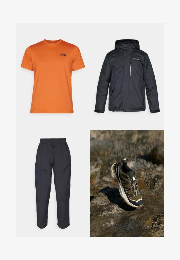 Melna, ūdensizturīga jaka ar rāvējslēdzēju priekšpusē, kapuci un sānu kabatām. Uz krūšu ir Columbia logo, kā arī Velcro aproces.; The North Face M SS SIMPLE DOME TEE - Sporta krekli - earthen copper; Melnas kravas bikses, izgatavotas no viegla, ūdens izturīga materiāla; ar elastīgu jostasvietu, vairākiem kabatām ar rāvējslēdzējiem un sašaurinātiem ievedumiem.; Tūrisma apavi olīvzaļā un melnā krāsā ar rozā akcentiem. Iespējas ietver teksturētu virsu, elastīgu zoli, pastiprinātu purngalu un krāsainu šņorējuma sistēmu.