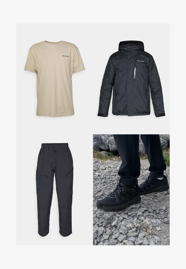 Schwarze, wasserdichte Jacke mit durchgehendem Reißverschluss, Kapuze und seitlichen Taschen. Mit Columbia-Logo auf der Brust und Klettverschluss an den Ärmeln.; Beige Baumwoll-T-Shirt mit kurzen Ärmeln, Rundhalsausschnitt und einem kleinen schwarzen Logo auf der linken Brustseite. Glatte Textur, lässiges Design.; Schwarze Cargo-Hosen aus leichtem, wasserabweisendem Material; verfügen über einen elastischen Bund, mehrere Reißverschlusstaschen und schmal zulaufende Beine.; Schwarze Outdoor-Schuhe aus Mesh und synthetischem Material, mit einer strukturierten Oberseite, gesichertem Schnürsystem und griffiger Laufsohle, auf felsigem Gelände.