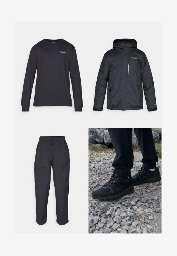Svart, vanntett jakke med glidelåsfeste foran, hette og sidelommer. Har Columbia-logo på brystet og borrelåsfester ved håndleddene.; Langermet skjorte i koksgrå bomull, med rund hals og subtilt logo på venstre bryst, samt mansjetter på ermene.; Sorte cargo bukser laget av et lett, vannavvisende materiale; har elastisk midje, flere glidelåslommer og smale ben.; Sorte utendørssko i svart med mesh og syntetisk materiale, med en teksturert overdel, sikret snøresystem og en robust såle, på steinete terreng.