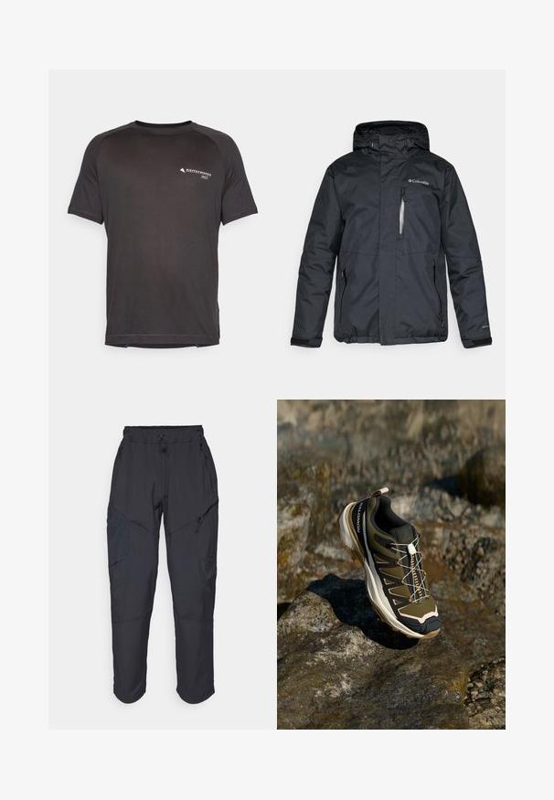 Schwarze, wasserdichte Jacke mit durchgehendem Reißverschluss, Kapuze und seitlichen Taschen. Mit Columbia-Logo auf der Brust und Klettverschluss an den Ärmeln.; Schwarzes, kurzärmeliges Sportshirt aus leichtem, strukturiertem Stoff. Verfügt über ein kleines weißes Logo auf der Brust und einen runden Halsausschnitt.; Schwarze Cargo-Hosen aus leichtem, wasserabweisendem Material; verfügen über einen elastischen Bund, mehrere Reißverschlusstaschen und schmal zulaufende Beine.; Wanderschuh in Olivgrün und Schwarz mit pinken Akzenten. Verfügt über ein strukturiertes Obermaterial, eine flexible Sohle, eine verstärkte Zehenkappe und ein farbenfrohes Schnürsystem.