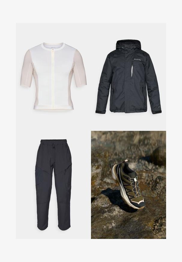 Svart, vanntett jakke med glidelåsfeste foran, hette og sidelommer. Har Columbia-logo på brystet og borrelåsfester ved håndleddene.; Kortermet sykkeltrøye i hvit og lys beige, med glidelås foran, glatt tekstur og diskret logo-detaljering på brystet.; Sorte cargo bukser laget av et lett, vannavvisende materiale; har elastisk midje, flere glidelåslommer og smale ben.; Fjellsko i olivengrønn og svart med rosa detaljer. Har en teksturert overdel, fleksibel såle, forsterket tåhette og fargerik snøringssystem.