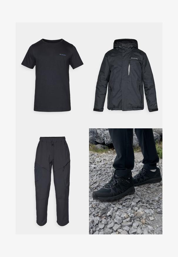 Chaqueta negra e impermeable con cremallera frontal, capucha y bolsillos laterales. Presenta el logo de Columbia en el pecho y puños con velcro.; Camiseta negra de manga corta hecha de una mezcla de algodón. Presenta un cuello redondo y un pequeño logo azul en el lado izquierdo del pecho.; Pantalones cargo negros hechos de un material ligero y resistente al agua; cuentan con una cintura elástica, múltiples bolsillos con cremallera y piernas ajustadas.; Zapatos exteriores negros con malla y material sintético, que presentan un upper texturizado, un sistema de cordones seguro y una suela robusta, sobre terreno rocoso.