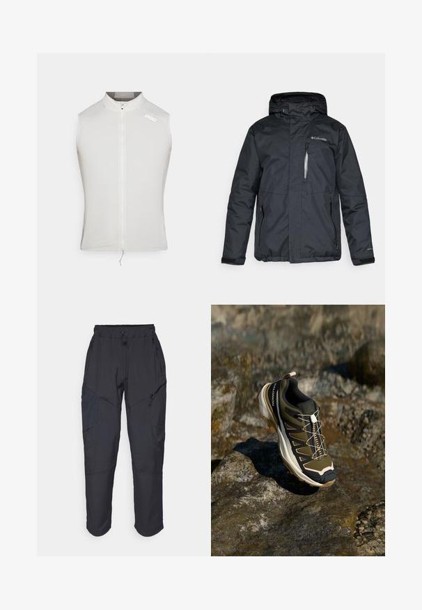 Juodas, vandeniui atsparus džemperis su užtrauktuku, kapišonu ir šoniniais kišenėmis. Ant krūtinės yra "Columbia" logotipas ir Velcro rankogaliai.; Lengvas, be rankovių dviratininkų liemenė balta spalva su struktūrine apykakle ir priekiu užtrauktuku. Yra logotipo detalės ir lygus, tekstūruotas audinys.; Juodos krovinių kelnės, pagamintos iš lengvos, vandeniui atsparios medžiagos; turi elastingą juosmenį, kelis užtrauktukais uždaromus kišenes ir siaurėjančius šonus.; Žygio batai olivų žalios ir juodos spalvos su rožiniais akcentais. Turi tekstūruotą viršutinę dalį, lankstų pado tipą, sustiprintą pirštų dalį ir spalvingą raištelių sistemą.