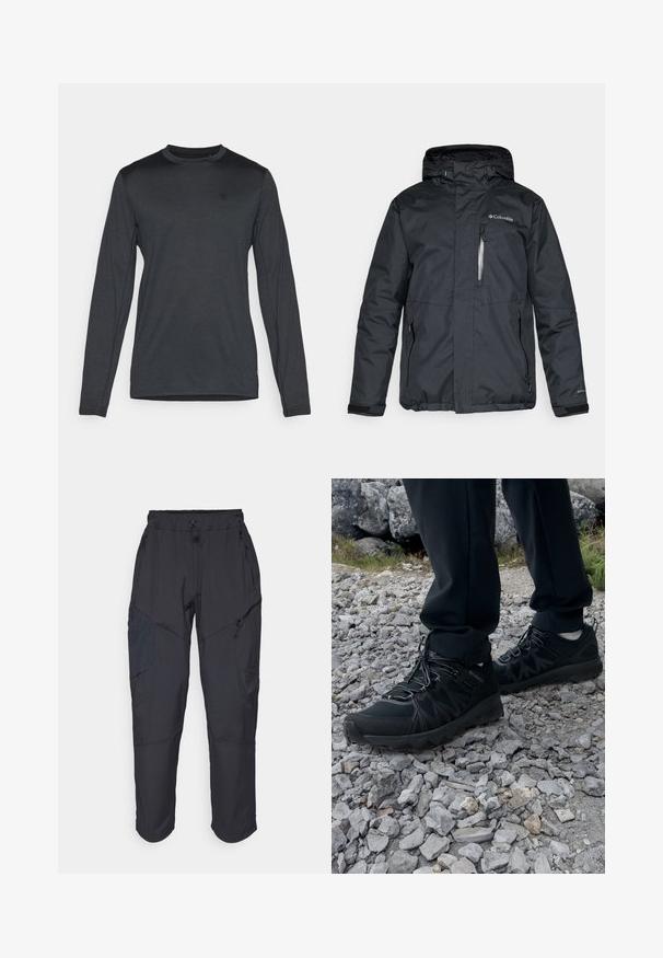 Mustat, vettä hylkivä takki, jossa on vetoketjullinen etuosa, huppu ja sivutaskut. Rinnassa on Columbia-logo ja tarranauhahihnat.; Pitkähihaisen tummanharmaan paidan, jossa on pyöreä pääntie ja hillitty logotyyli. Sileä kangas ja muotoiltu malli.; Mustat cargo-housut, jotka on valmistettu kevyestä, vettä hylkivästä materiaalista; niissä on joustava vyötärö, useita vetoketjullisia taskuja ja kapenevat lahkeet.; Mustat ulkokengät, joissa on verkko- ja synteettinen materiaali, teksturoitu päällinen, varma nauhoitusjärjestelmä ja kestävä pohja kivikkoisella maastolla.