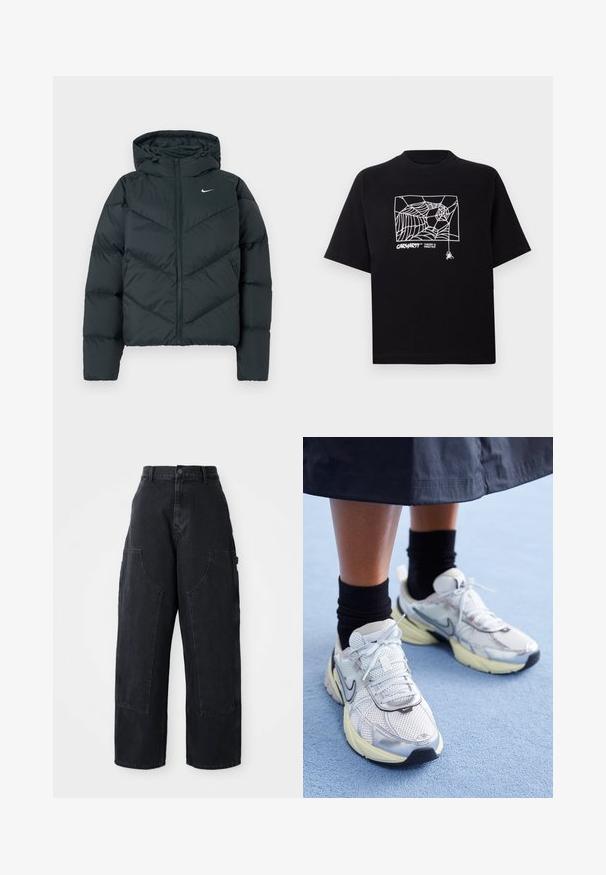 Mørkegrønn pufferjakke med hette, featuring glidelåsclosure, chevronstikking og en liten hvit logo på venstre bryst.; Svart T-skjorte laget av bomull med korte ermer. Har et hvitt edderkoppnett grafikk og logo på fronten. Enkel rund hals.; Sorte denim bredbukser med høy livlinje, to store frontlommer og kneppestang i midjen. Glatt tekstur, uformelt design.; Hvite og sølv Nike-sneakers med mesh-stoff, reflekterende detaljer, og en beige såle. Brukt med svarte sokker, stående på en blå overflate.
