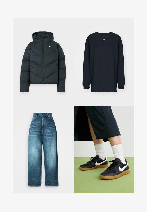 Dark green puffer jacket with a hood, featuring a zip closure, chevron stitching, and a small white logo on the left chest.; Black long-sleeve T-shirt made of cotton with a crew neckline. Features a white Nike logo on the chest. Soft texture, simple design.; High-waisted wide-leg jeans in medium blue denim, featuring a faded wash, traditional pocket design, and a button front closure.; Black leather and synthetic sneakers with white Nike swoosh, rubber gum sole, round toe, and black laces. Ribbed white socks visible.