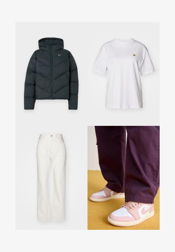 Tmavo zelená puffrová bunda s kapucňou, so zapínaním na zips, šikmým prešívaním a malým bielym logom na ľavej hrudi.; Biely bavlnený tričko s voľným strihom, krátkymi rukávmi a malým vyšitým logom na ľavej strane hrude.; Biele džínsy so zvýšeným pásom a širokými nohavicami. Majú zapínanie na gombík a zips, pútka na opasok a jemné detaily stehov.; Jordan AIR JORDAN 1 LOW - Tenisky - white/pink oxford/sail