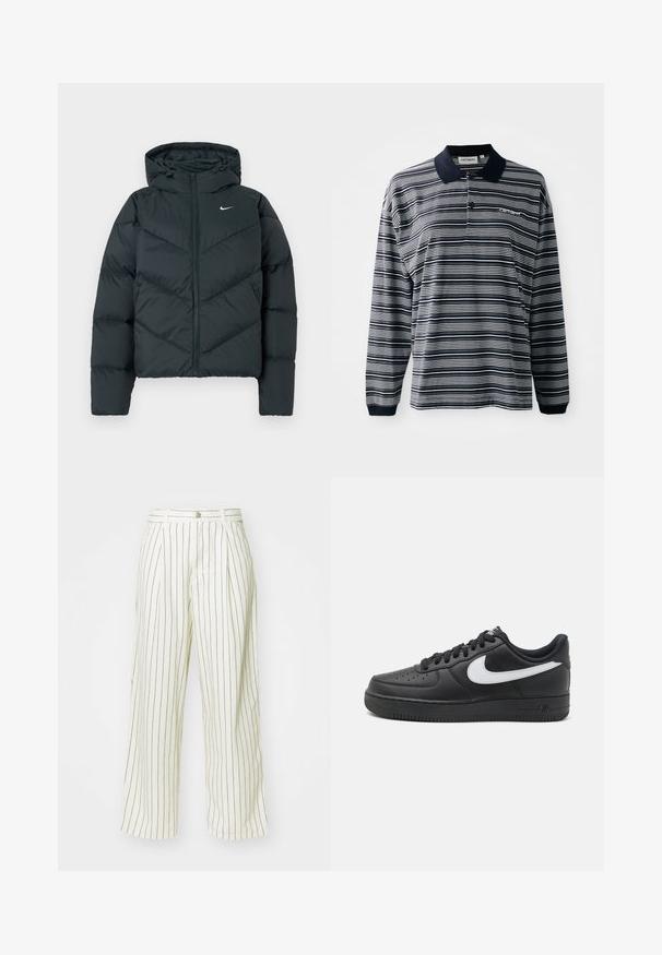 Doudoune vert foncé avec capuche, dotée d'une fermeture éclair, de surpiqûres en chevron et d'un petit logo blanc sur la poitrine gauche.; Polo à manches longues bleu marine et blanches rayées, en tissu coton, avec un col, une patte de boutonnage à trois boutons, et un petit logo brodé sur la poitrine.; Pantalons à jambes larges en tissu crème avec des rayures verticales marron, dotés d'une fermeture à bouton et de plis sur le devant pour un détail de design supplémentaire.; Baskets Nike Air Force 1 noires avec une tige en cuir lisse, accent de logo blanc, bout perforé et semelle en caoutchouc texturé.