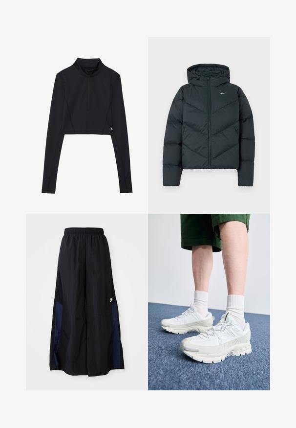 Tumši zaļš pūkains jaka ar kapuci, ar rāvējslēdzēja aizdari, ševronu šuvēm un mazu baltu logo kreisajā krūtīs.; Melns cropped garu piedurkņu tops ar augstu apkakli un ceturtdaļas rāvējslēdzēju, ar flatlock šuvēm un logotipa akcents pie apakšmalas.; Melni plata kāju bikses no viegla auduma, ar tumši zilu sānu paneli un elastīgu jostu. Mazs balts logotips apakšā.; Baltas sporta apavi ar teksturētām detaļām, masīvu zoli un pelēkiem akcentiem. Valkāti ar baltiem zeķu pēdu apģērbiem un zaļām šortiem uz zilas virsmas.