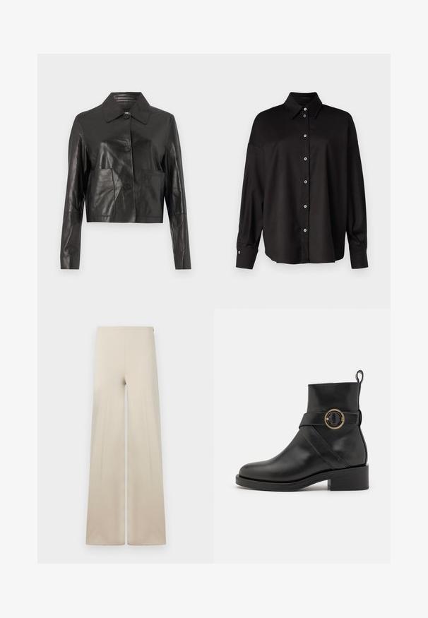 Schwarze, kurz geschnittene Lederjacke mit glatter Textur, Knopfverschluss, spitzem Kragen und zwei Fronttaschen. Lange Ärmel mit taillierter Passform.; DRYKORN LYSILA - Hemdbluse - black; Beige weitem Hosen aus weichem Stoff mit glatter Textur. Verfügt über einen hohen elastischen Bund für Komfort und ein klares, minimalistisches Design.; BOSS IRYNA BOOTIE - Plateaustiefelette - black