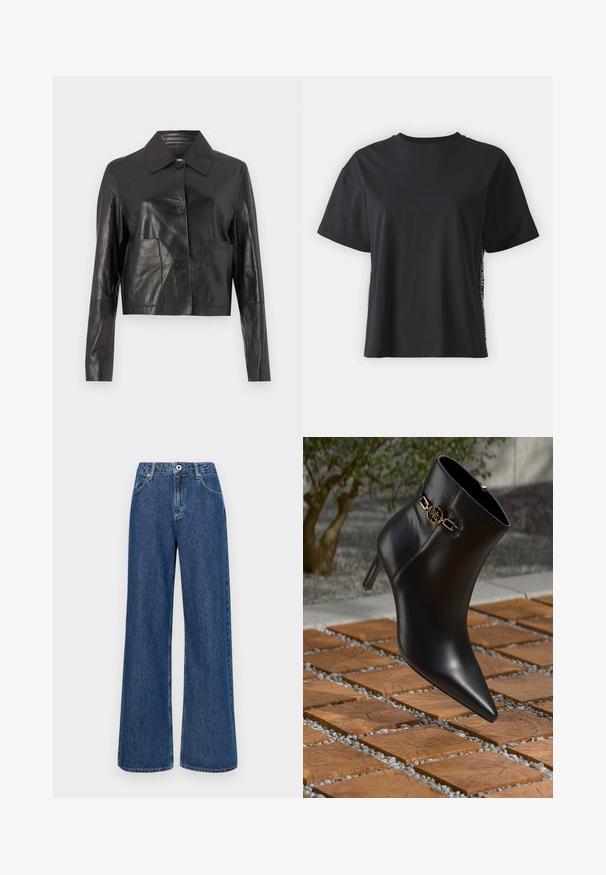 Černá zkrácená kožená bunda s hladkou texturou, zapínání na knoflíky, špičatý límec a dvě přední kapsy. Dlouhé rukávy s přiléhavým střihem.; Černé triko s krátkým rukávem, vyrobené z bavlny, s volným střihem a kontrastním bočním panelem, který obsahuje malý text a designové detaily.; Široké modré džíny s vysokým pasem, s předními kapsami a jedním knoflíkem. Texturovaná látka s viditelným švem.; Černé kožené kotníkové boty s špičatou špičkou a malým podpatkem. Vyznačují se zlatým řetízkovým detailem na kotníku. Umístěny na texturovaném kamenném povrchu.