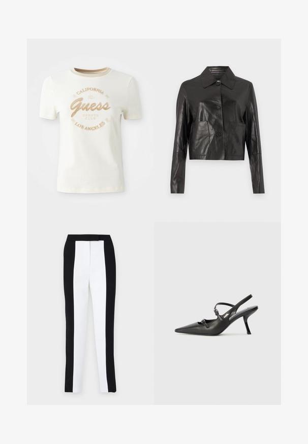 Black cropped leather jacket with a smooth texture, button closure, pointed collar, and two front pockets. Long sleeves with a fitted design.; Cream short-sleeve t-shirt featuring a round neckline, with textured golden embroidery reading "Guess Sports Club California Los Angeles."; Black and white tapered trousers featuring a slim fit with contrasting panels. Fabric has a smooth texture; waistband is flat and fitted.; Black leather slingback heels with a pointed toe, slender heel, and decorative buckle detail on the vamp. Smooth texture and sleek design.