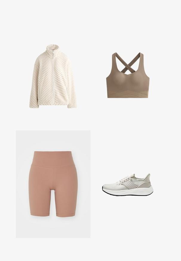 Jachetă din fleece de culoare crem cu un model în zigzag. Prezintă un guler înalt, fermoar pe toată lungimea frontală și buzunare laterale. Textură moale.; Sutien sport maro cu un design fără cusături, bretele încrucișate pe spate și o bandă texturată cu un model în zigzag în partea de jos.; Bermude de ciclism cu talie înaltă, de culoare bej, din material elastic, cu o textură netedă și cusături curate pentru confort și potrivire.; Șosetă sport ușoară din material de plasă bej cu un finisaj texturat, având o talpă albă și accente laterale tonale. Design simplu cu șireturi.