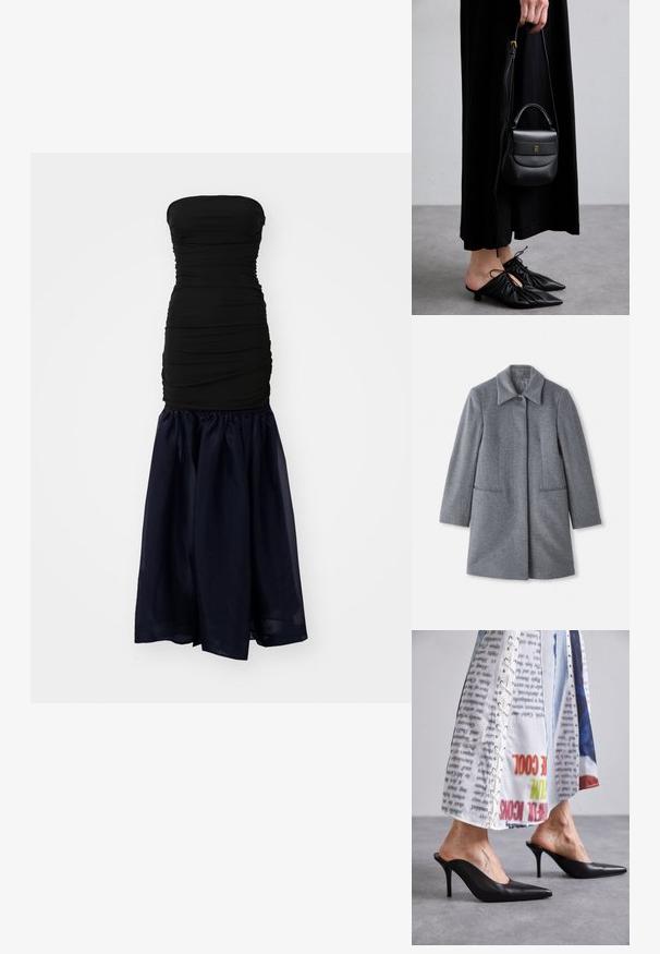 Šedý vlněný kabát střední délky s širokým klopem, jedním viditelným knoflíkem a dvěma vodorovnými předními kapsami, vystavený na bílém pozadí.; STAUD LIYA DRESS - Společenské šaty - black/navy; Černé kožené mule s špičatou špičkou a lodičkovým podpatkem, spárované s bílým vzorovaným oděvem s detaily na šněrování.; Malá černá kožená kabelka s zaobleným tvarem, horním madlem a odnímatelným popruhem. Nositelná s černými látkovými šaty a černými plisovanými botami.