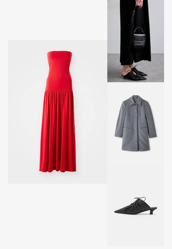 Grau wollener Mantel in mittellanger Form mit breitem Kragen, einem sichtbaren Knopf und zwei horizontalen vorderen Taschen, präsentiert auf einem weißen Hintergrund.; Rotes trägerloses Maxikleid mit einem taillierten Oberteil und einem gerafften, fließenden Rock. Hergestellt aus glattem, leichtem Stoff.; Schwarze Leder-Mules zum Hineinschlüpfen mit spitzer Zehe, geraffter Textur und kleinem Kitten-Heel. Verfügt über ein Zugbanddetail am Öffnung.; Kleine schwarze Ledertasche mit runder Form, Obergriff und abnehmbarem Riemen. Getragen zu einem schwarzen Stoffkleid und schwarzen plissierten Schuhen.