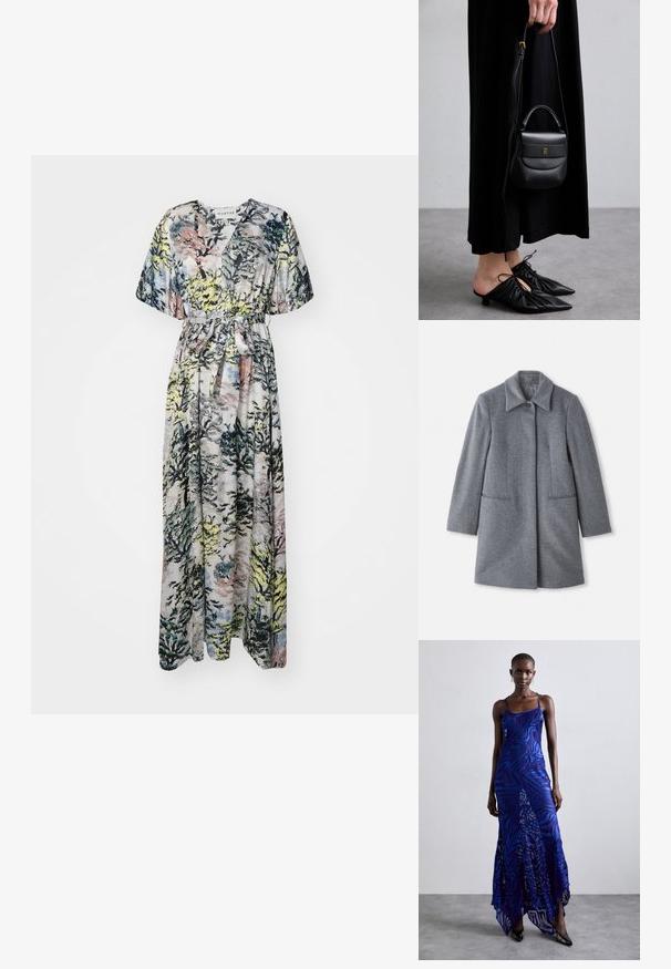 Šedý vlněný kabát strednej dĺžky so širokým golierom, s jedným viditeľným gombíkom a dvoma vodorovnými prednými vreckami, vystavený na bielom pozadí.; Maxi šaty s lesným vzorom v odtieňoch zelenej, modrej a ružovej. Hlboký výstrih do V, krátke rukávy a opasok v páse pre nastaviteľné nosenie.; Maxi šaty s potlačou zvieracích vzorov v modrej a fialovej farbe, s tenkými ramienkami, priliehavým telom, rozšíreným lemom a priesvitnými detailmi.; Malá čierna kožená kabelka zaobleného tvaru, s hornou rukoväťou a odnímateľným popruhom. Nosená s čiernymi látkovými šatami a čiernymi plisovanými topánkami.