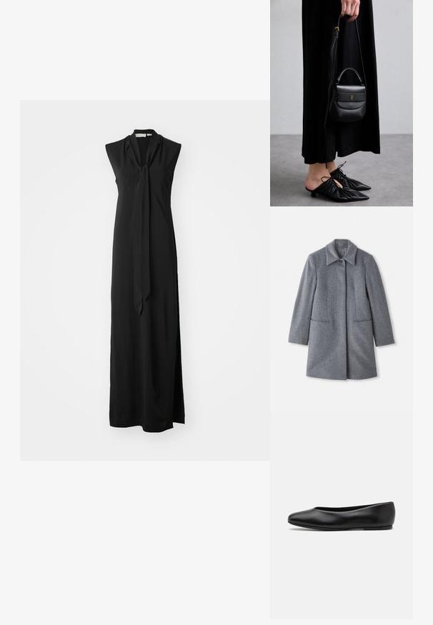 Harmaa villainen puolipitkä takki, jossa on leveä kaulus, yksi näkyvä nappi ja kaksi vaakasuoraa etutaskua, esillä valkoista taustaa vasten.; Musta hihaton maksimekko, jossa on sidottu kaulus, virtaava materiaali, sivuaukko ja sileä rakenne. Yksinkertainen ja tyylikäs muotoilu.; Paul Smith TOPANGA - Ballerinat - black; Pieni musta nahkabag, jonka muoto on pyöreä, yläkahva ja irrotettava olkahihna. Yhdistetty mustan kankaan mekkoon ja mustiin plissee-kenkään.