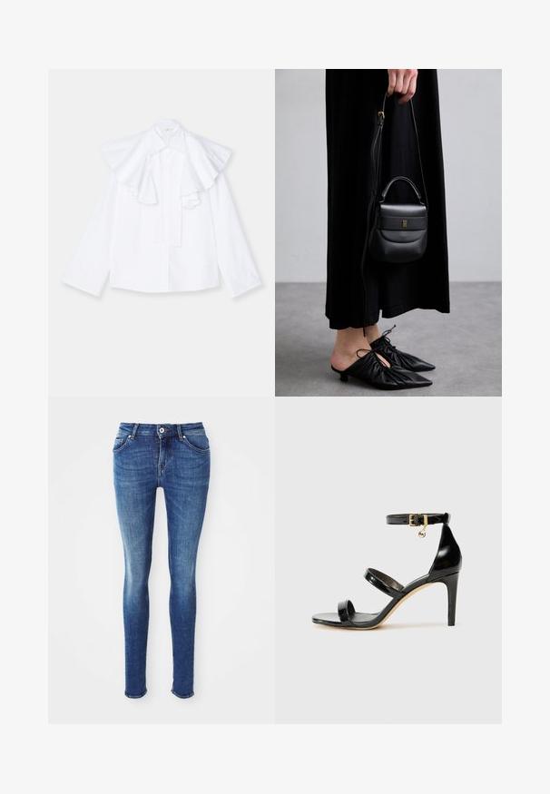 Palton gri din lână, de lungime medie, cu guler lat, un singur buton vizibil și două buzunare frontale orizontale, expus pe un fundal alb.; Cămașă bej deschis cu mâneci lungi, guler înalt și fermoar pe spate, realizată dintr-un material moale și neted; prezintă un design ajustat și un tiv drept.; Cămașă albă din bumbac, cu un guler mare, pliat, și mâneci lungi, având un închidere cu butoane pe față și o siluetă dreaptă.; Blugi skinny din denim albastru cu o textură netedă, talie medie, cinci buzunare și decolorare ușoară pe coapse. Prezintă un nasture metalic și fermoar.; Sandale negre din piele lacuită, cu trei curele, cataramă la glezna și toc stiletto de 10 cm. Prezintă detalii din metal auriu și un charm cu logo.; Geantă mică din piele neagră, cu o formă rotunjită, mânere superioare și curea detașabilă. Pur tată cu o rochie din material negru și pantofi plisati negri.; Cercei din metal auriu, cu un design răsucit, având o textură îmbătrânită și o finisare netedă. Construcție ușoară și goală.