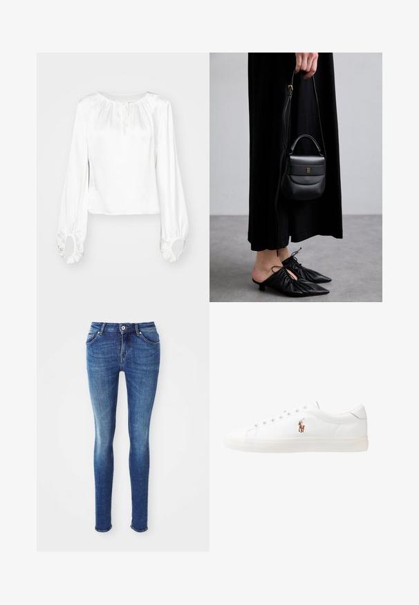 Grau wollener Mantel in mittellanger Form mit breitem Kragen, einem sichtbaren Knopf und zwei horizontalen vorderen Taschen, präsentiert auf einem weißen Hintergrund.; Hellbeige Langarmoberteil mit hohem Kragen und einem Reißverschluss auf der Rückseite, aus einem weichen, glatten Stoff gefertigt; hat ein tailliertes Design und einen geraden Saum.; Weiße Langarmbluse aus glattem Stoff, mit gerafftem Ausschnitt, Kordelzugdetails und elastischen Bündchen mit runden Öffnungen.; Blaue Denim-Skinny-Jeans mit glatter Textur, mittelhohem Bund, fünf Taschen und leichter Ausbleichung an den Oberschenkeln. Mit Metallknopf und Reißverschluss.; Weiße Leder-Sneaker, niedrig geschnitten, mit glatter Textur, runder Zehenpartie, Schnür vorne und kleinem gesticktem Logo an der Seite.; Kleine schwarze Ledertasche mit runder Form, Obergriff und abnehmbarem Riemen. Getragen zu einem schwarzen Stoffkleid und schwarzen plissierten Schuhen.; Goldfarbene Creolen mit einem gedrehten Design, das eine gerippte Textur und eine glatte Oberfläche aufweist. Leicht und hohl konstruiert.