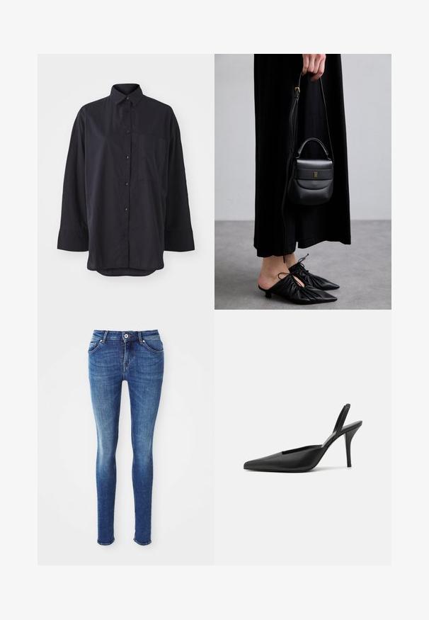 Pelēks vilnas mētelis vidējā garumā ar plašu apkakli, vienu redzamu pogu un divām horizontālām priekšējām kabatām, izlikts uz balta fona.; Gai bēšs garām piedurknēm tops ar augstu apkakli un aizmugures rāvējslēdzēju, izgatavots no mīksta, gluda auduma; ar pieguļošu dizainu un taisnu apakšmalu.; Melnā pogu krekls, kas izgatavots no mīksta auduma, ar klasisku apkakli, garām piedurknēm, krūšu kabatu un izliekta apakšmalu dizainu.; Zili zili džinsi ar pieguļošu siluetu, gludu tekstūru, vidēju jostasvietu, piecām kabatām un vieglām balināšanas pēdām uz augšstilbiem. Iespējama metāla poga un rāvējslēdzējs.; Melna slingback kurpes ar augstiem papēžiem, ar smailu purngalu, izgatavotas no gludas ādas materiāla un ar elegantu, minimālistisku dizainu. Augsts stiletto papēdis.; Maza melna ādas rokassoma ar noapaļotu formu, augšējo rokturi un noņemamu siksnu. Valkāta kopā ar melnu auduma kleitu un melniem kroku apaviem.; Zeltaini auskari ar griezumu dizainu, kas iezīmējas ar ribotu tekstūru un gludu apdari. Vieglas un tukšas konstrukcijas.