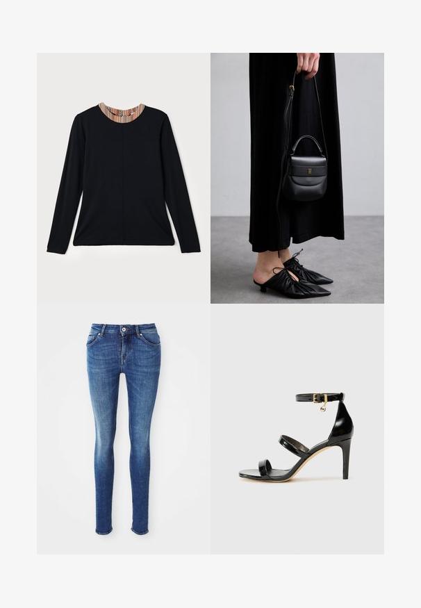 Grau wollener Mantel in mittellanger Form mit breitem Kragen, einem sichtbaren Knopf und zwei horizontalen vorderen Taschen, präsentiert auf einem weißen Hintergrund.; Hellbeige Langarmoberteil mit hohem Kragen und einem Reißverschluss auf der Rückseite, aus einem weichen, glatten Stoff gefertigt; hat ein tailliertes Design und einen geraden Saum.; Schwarzes Langarmshirt mit rundem Ausschnitt, ausgestattet mit einem mehrfarbigen gestreiften Akzent am Kragen. Glattes Material mit lässiger Passform.; Blaue Denim-Skinny-Jeans mit glatter Textur, mittelhohem Bund, fünf Taschen und leichter Ausbleichung an den Oberschenkeln. Mit Metallknopf und Reißverschluss.; Schwarze Lackleder-Sandale mit drei Riemen, Knöchelriemen und 10 cm hohen Stiletto-Absatz. Verfügt über goldfarbene Hardware-Details und ein Logo-Charm.; Kleine schwarze Ledertasche mit runder Form, Obergriff und abnehmbarem Riemen. Getragen zu einem schwarzen Stoffkleid und schwarzen plissierten Schuhen.; Goldfarbene Creolen mit einem gedrehten Design, das eine gerippte Textur und eine glatte Oberfläche aufweist. Leicht und hohl konstruiert.